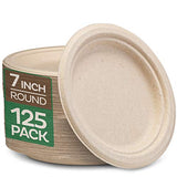 100% Compostable 7 Inch Paper Plates [125-Pack] Heavy-Duty Plate, Natural Disposable Bagasse Plate, Eco-Friendly Made of Sugarcane Fibers-Natural Unbleached Brown 7" Biodegradable Plate by Stack Man