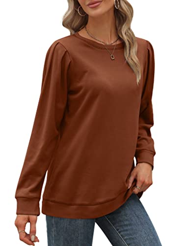 Womens Fall Clothes 2022 Crewneck Sweatshirts Puff Sleeve Tops Trendy Brown