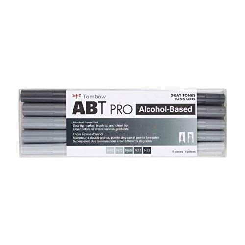 Tombow 56969 ABT PRO Alcohol Markers, Gray Tones, Set of 5 Colors – Dual Tip, Permanent Art Markers Feature Chisel and Brush Tips Perfect for Coloring, Sketching, and Creating Color Gradients