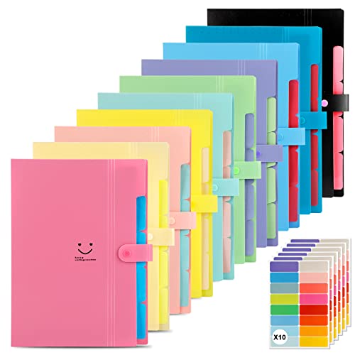 EOOUT 10pcs Expanding File Folders, A4 Letter Size Plastic Accordion Document Organizer with Snap Button, 160 Stickers in 16 Colors, for School and Office Supplies