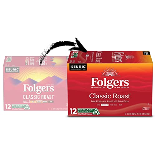 Folgers Classic Roast Medium Roast Coffee, 72 Keurig K-Cup Pods, 12 Count (Pack of 6)