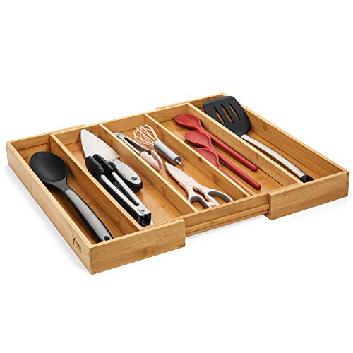 Premium Bamboo Silverware Organizer - Expandable Kitchen Drawer Organizer and Utensil Organizer, Perfect Size Cutlery Tray with Drawer Dividers for Kitchen Utensils and Flatware (3-5 Slots) (Natural)