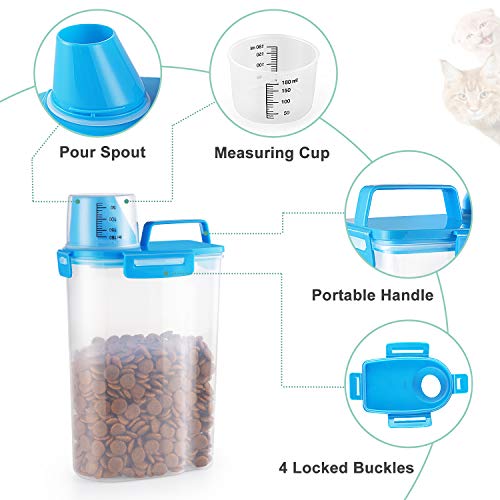 Yicostar Pet Food Storage Container, Airtight Small Dog Food Container Cat Food Container with Measuring Cup, Upgraded Large Pour Spout and 4 Seal Buckles Food Dispenser for Pets Food and Birds Seed