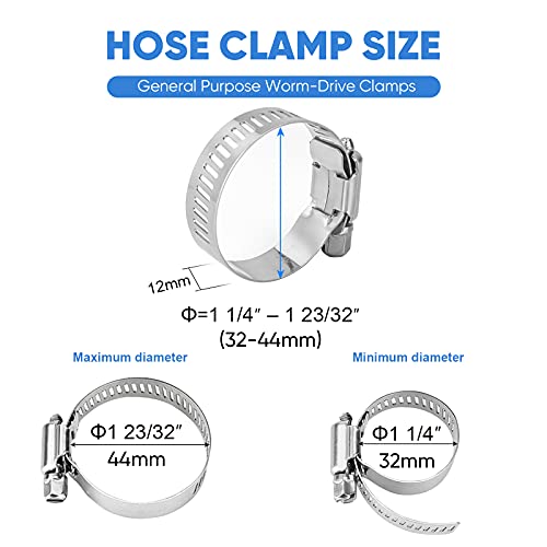TICONN 20PCS Hose Clamp Set - 1-1/4'' – 1-23/32'' 304 Stainless Steel Worm Gear Hose Clamps for Pipe, Intercooler, Plumbing, Tube and Fuel Line
