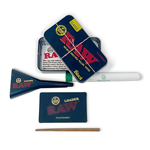 RAW Pre Rolled Cone Loader: 1-1/4 Size, King, & 98 Special Mess Free Perfect Cone Packer – 5 Piece Kit – Static Free Scoop Card, Funnel, & Packing Tool, RAWthentic Tin, Green Blazer Tube