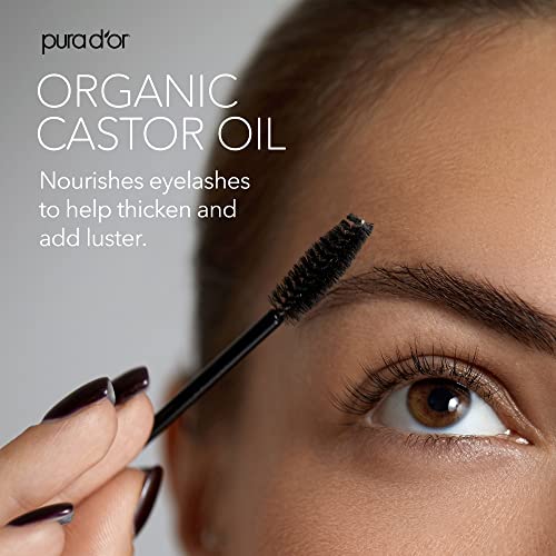 PURA D'OR Organic Castor Oil (4oz + 2 BONUS Pre-Filled Eyelash & Eyebrow Brushes) 100% Pure, Cold Pressed, Hexane Free Growth Serum For Fuller, Thicker Lashes & Brows, Moisturizes & Cleanses Skin
