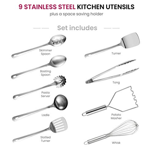 Stainless-Steel Kitchen Utensil Set - 10-piece premium Nonstick & Heat Resistant Kitchen Gadgets, Turner, Spaghetti Server, Ladle, Serving Spoons, Whisk, Tongs, Potato Masher and Utensil Holder
