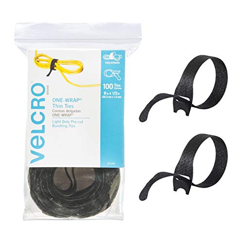 VELCRO Brand ONE-WRAP Cable Ties, 100Pk, 8 x 1/2" Black Cord Organization Straps, Thin Pre-Cut Design, Wire Management for Organizing Home, Office and Data Centers