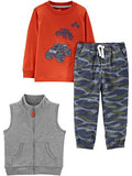 Simple Joys by Carter's Toddler Boys' 3-Piece Fleece Vest, Long-Sleeve Shirt, and Woven Pant Playwear Set, Red/Grey, Camo, 4T
