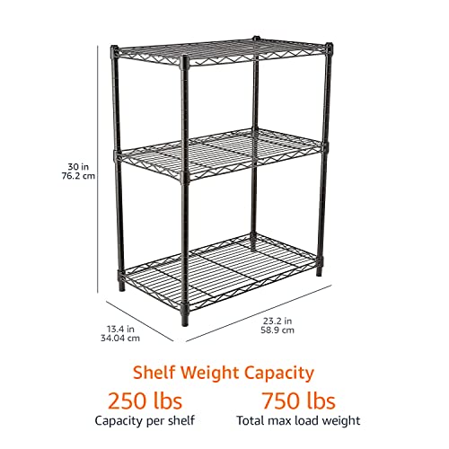 Amazon Basics 3-Shelf Adjustable, Heavy Duty Storage Shelving Unit (250 lbs loading capacity per shelf), Steel Organizer Wire Rack, Black (23.3L x 13.4W x 30H)