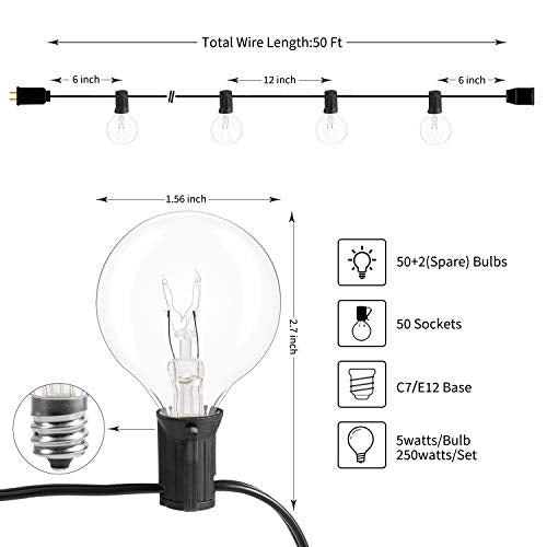 Outdoor String Light 50Feet G40 Globe Patio Lights with 52 Edison Glass Bulbs(2 Spare), Waterproof Connectable Hanging Light for Backyard Porch Balcony Party Decor, E12 Socket Base, Black