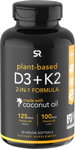 Sports Research Vitamin D3 + K2 with 5000iu of Plant-Based D3 & 100mcg of Vitamin K2 as MK-7 | Non-GMO Verified & Vegan Certified (30ct)