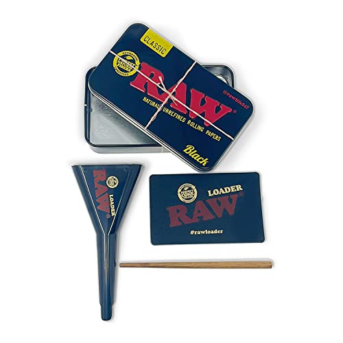 RAW Pre Rolled Cone Loader: 1-1/4 Size, King, & 98 Special Mess Free Perfect Cone Packer – 5 Piece Kit – Static Free Scoop Card, Funnel, & Packing Tool, RAWthentic Tin, Green Blazer Tube