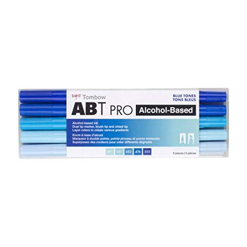 Tombow 56970 ABT PRO Alcohol Markers, Blue Tones, Set of 5 Colors – Dual Tip, Permanent Art Markers Feature Chisel and Brush Tips Perfect for Coloring, Sketching, and Creating Color Gradients