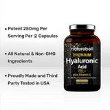 NatureBell Plant Based Hyaluronic Acid Supplements, 250mg Hyaluronic Acid with 25mg Vitamin C Per Serving, 200 Capsules, 2 in 1 Formula, Supports Skin Hydration, Joints Lubrication and Antioxidant