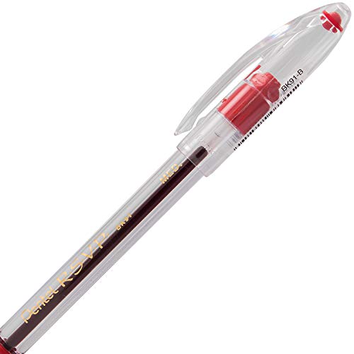 Pentel BK91B R.S.V.P. Stick Ballpoint Pen, 1mm, Trans Barrel, Red Ink (Pack of 12)