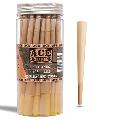 ACE ROLLING Cones, Brown Cones Rolling Papers King Size Pre Rolled Cones for Weed Unbleached Rolling Papers Cigarette Rolling Papers with Tips Slow Burning 50 Pack (108 MM) for Party Gift