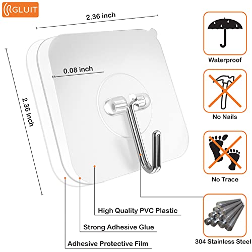 GLUIT Adhesive Hooks for Hanging Heavy Duty Wall Hooks 22 lbs Self Adhesive Sticky Hooks Waterproof Transparent Hooks for Keys Bathroom Shower Outdoor Kitchen Door Home Improvement Sticky Hook 6 Pack