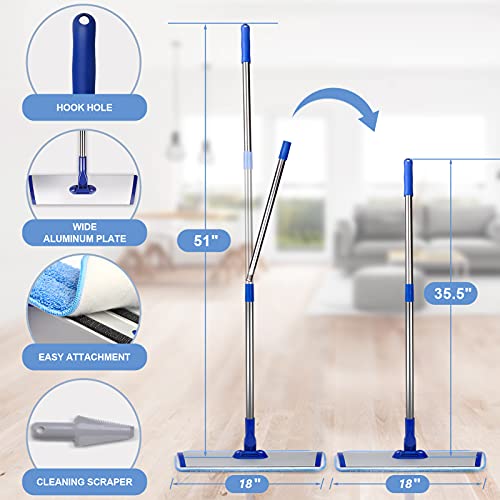 18" Professional Microfiber Mop Floor Cleaning System, Flat Mop with Stainless Steel Handle, 4 Reusable Washable Mop Pads, Wet and Dust Mopping for Hardwood, Vinyl, Laminate, Tile Cleaning