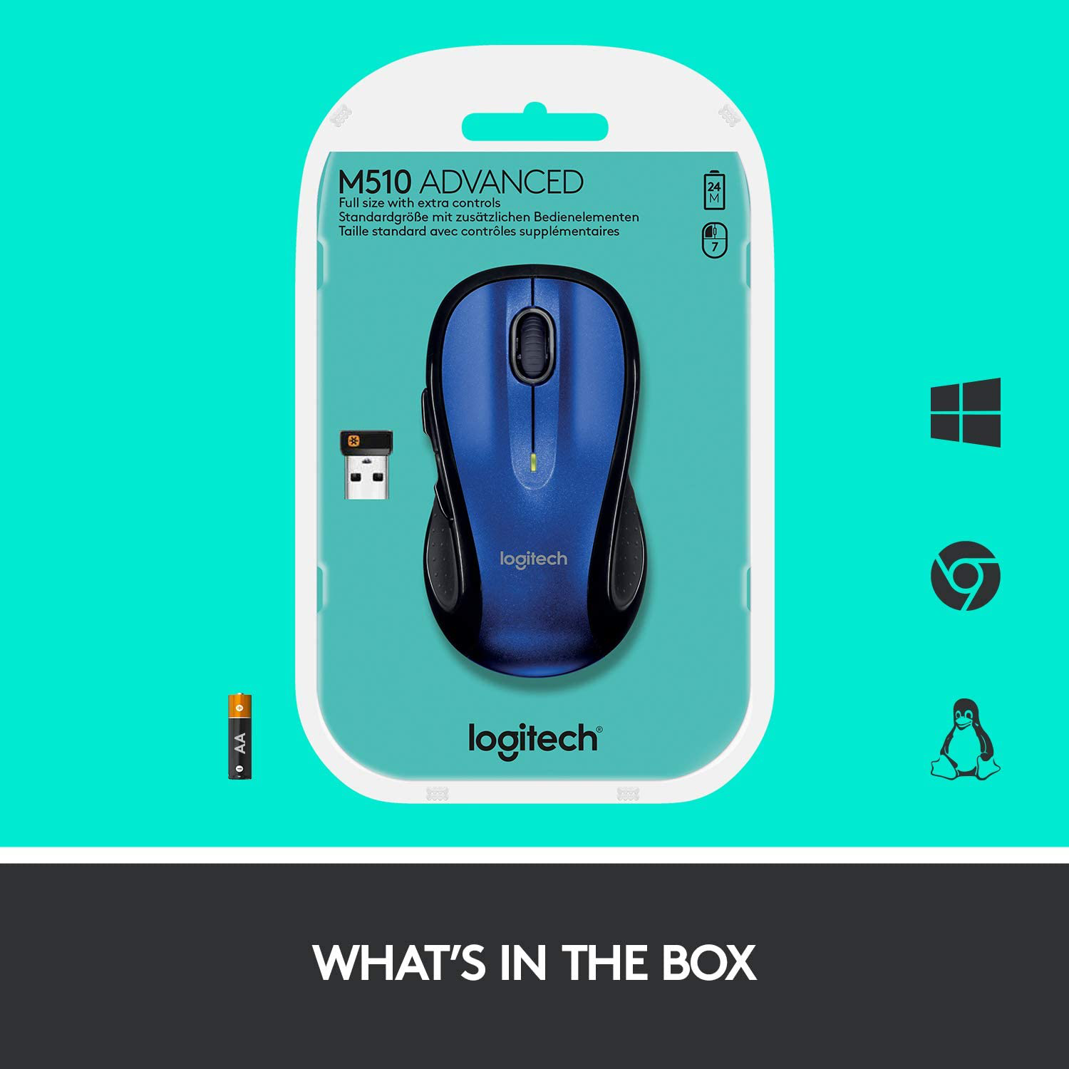 Logitech M510 Wireless Computer Mouse – Comfortable Shape with USB Unifying Receiver, with Back/Forward Buttons and Side-To-Side Scrolling, Blue