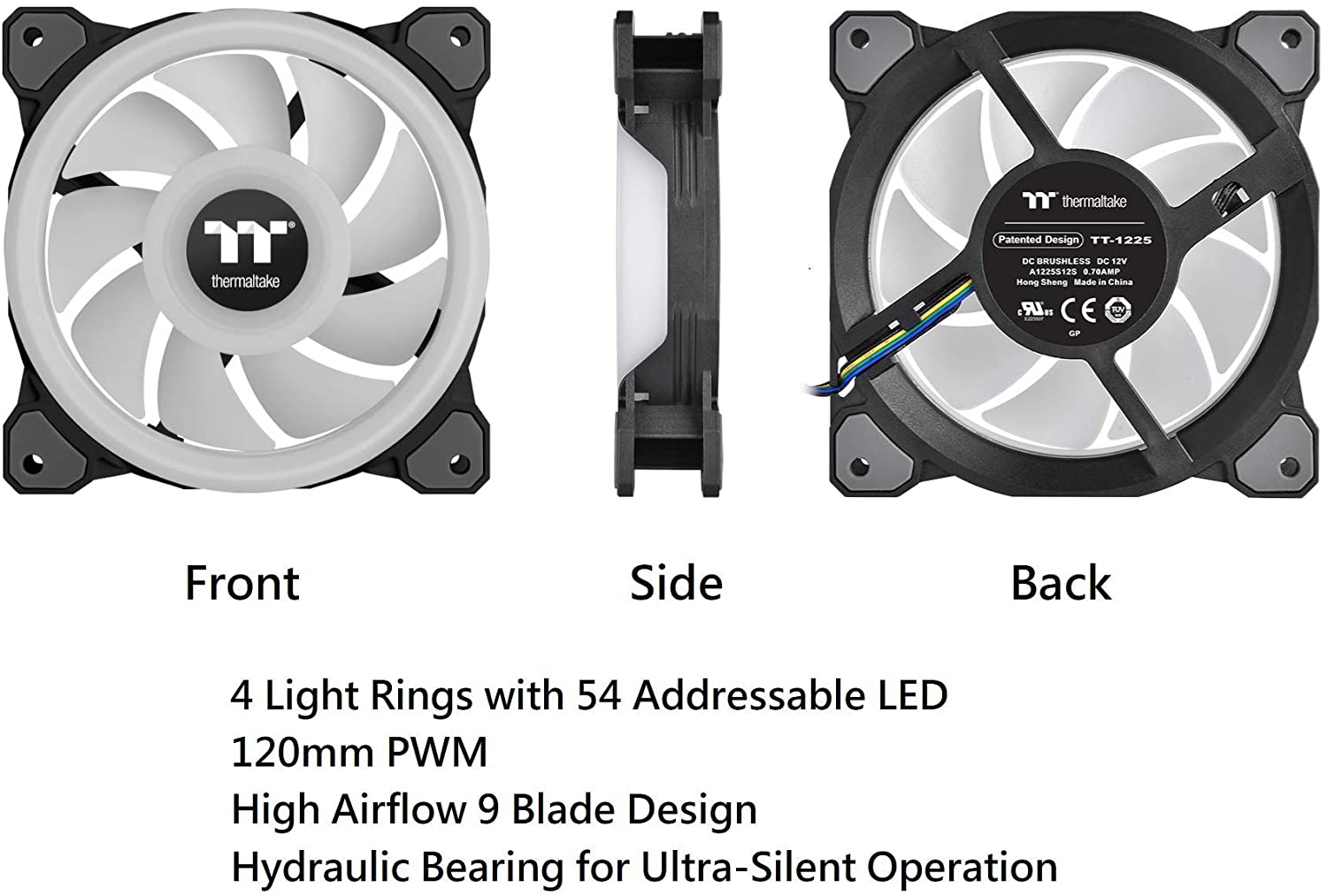 Thermaltake Riing Quad 120Mm 16.8 Million RGB Color (Alexa, Razer Chroma) Software Enabled 4 Light Rings 54 Addressable LED 9 Blades Hydraulic Bearing Case/Radiator Fan CL-F088-PL12SW-B, Black