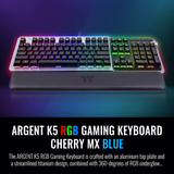 Thermaltake Argent K5 RGB Gaming Keyboard (Blue Switch), Aluminum and Streamlined Titanium Design, 16.8 Million RGB Color, Anti-Ghosting, Magnetic Synthetic Leather Wrist Rest, GKB-KB5-BLSRUS-01