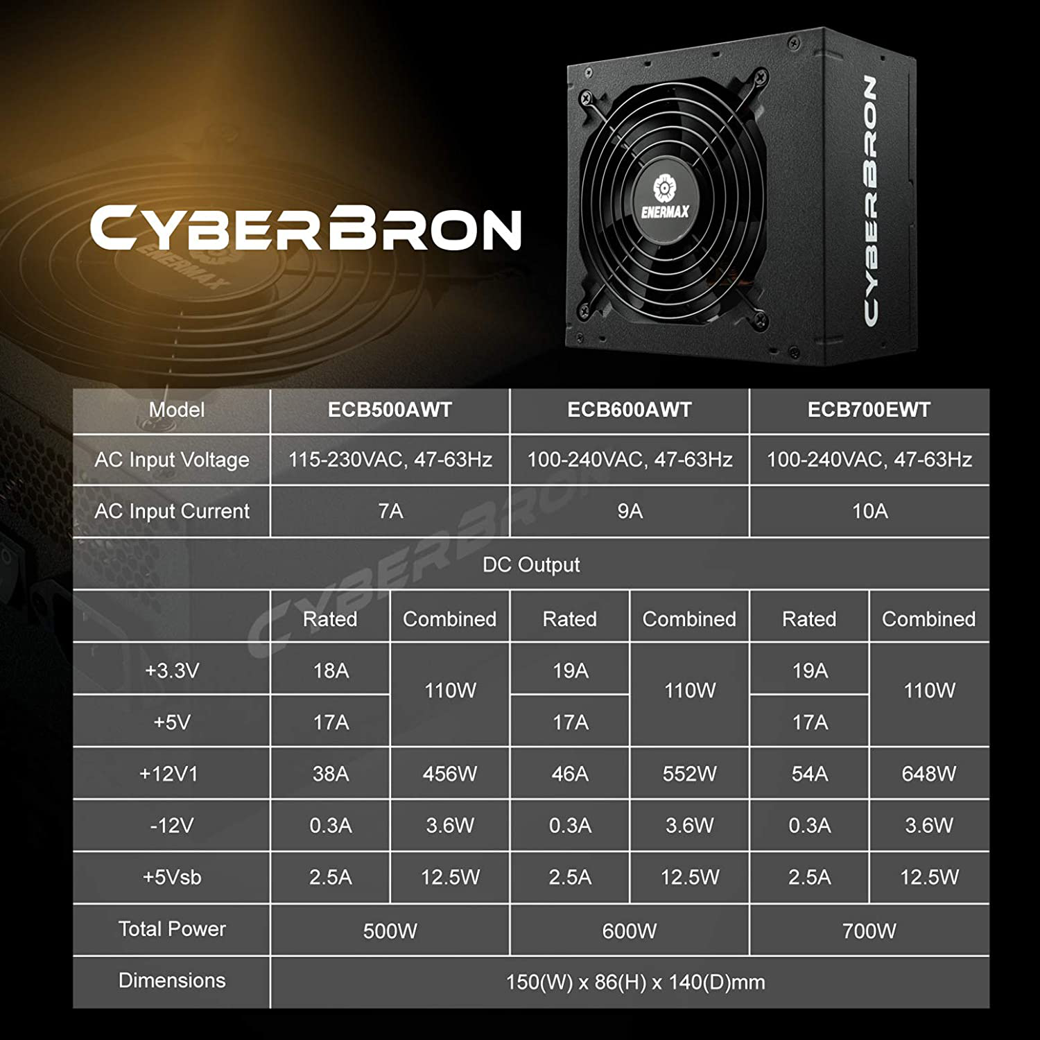 Enermax Cyberbron 700W Power Supply, 80 plus Bronze, Non-Modular PSU, Silent Fan, Black Flat Cable, ATX Compact 140Mm Size, 5 Year Warranty