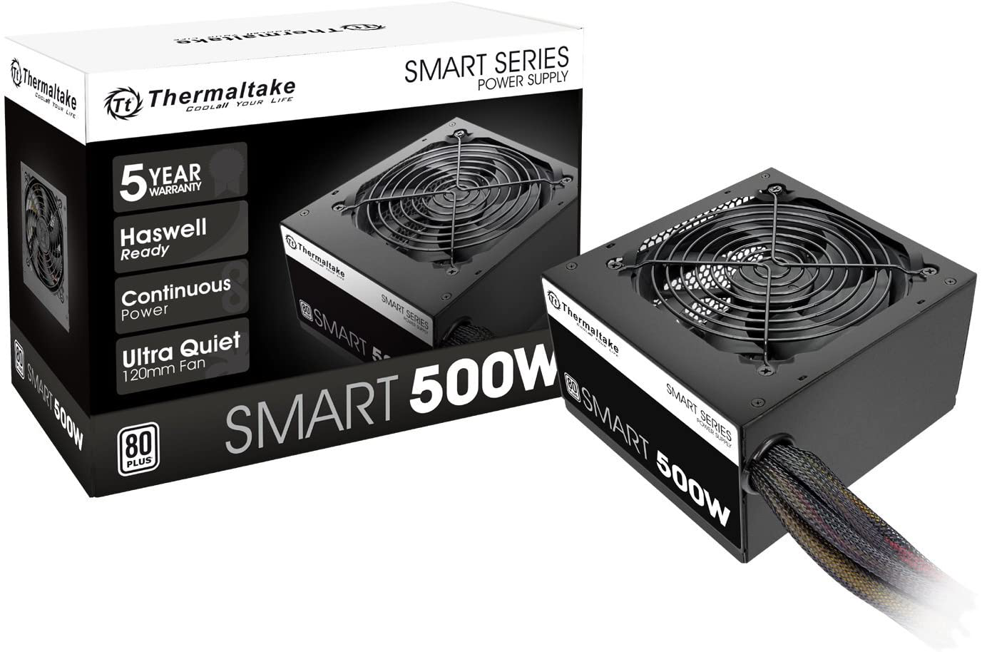 Thermaltake Smart 500W 80+ White Certified PSU, Continuous Power with 120Mm Ultra Quiet Cooling Fan, ATX 12V V2.3/EPS 12V Active PFC Power Supply PS-SPD-0500NPCWUS-W