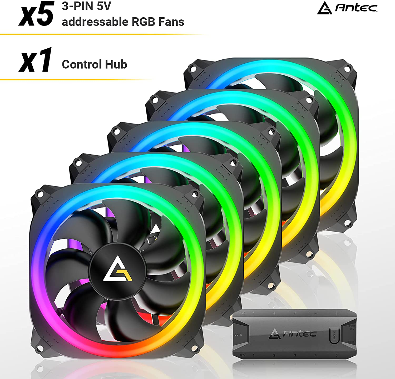 Antec RGB Fans, PC Fans 120Mm RGB Fans, 5V-3PIN Addressable RGB Fans, Motherboard SYNC with 5V-3PIN, 120Mm Fan 5 Packs with Controller, Prizm Series RGB Fans