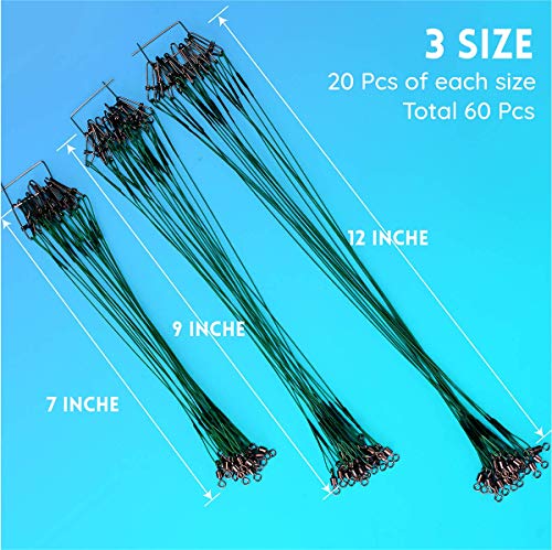 Fishing Leaders, Wire Leader with Swivel Snap Assortment Stainless Steel Fishing Tackle Gear Gift Connect Lures Bait Rig Hooks for Kingfish Bluefish Pike Green（60 Pcs 3 Size Test 40 Lbs