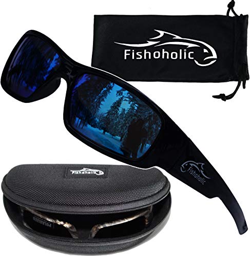 Fishoholic Polarized Fishing Sunglasses (8 Color Options) - Free Hard Case & Pouch - UV400 - Great Fishing Gift for Dad Son (GB-BLU)