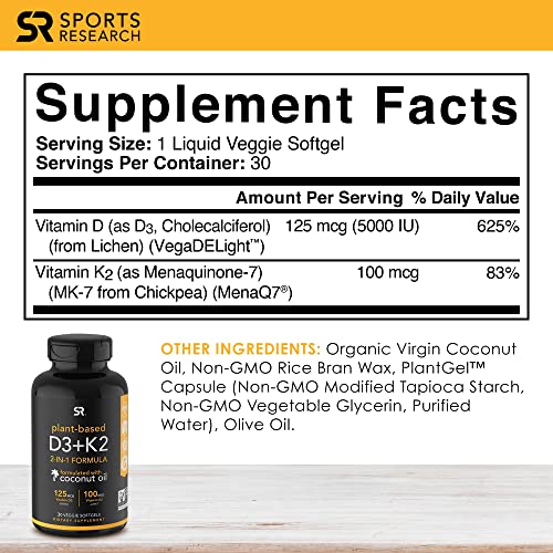 Sports Research Vitamin D3 + K2 with 5000iu of Plant-Based D3 & 100mcg of Vitamin K2 as MK-7 | Non-GMO Verified & Vegan Certified (30ct)