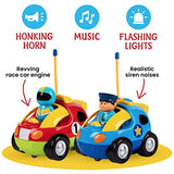2 Pack Cartoon Remote Control Cars - Police Car and Race Car - Each with Different Frequencies So Both Can Race Together - Gifts for 2 and 3 Year Old Boys - Toddler Toys for 2 + Year Old Boy