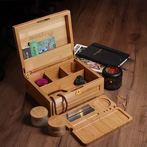 QUELEYA Wooden Stash Box Bundle, Rolling Tray, Jar, Kit, Tray with Lock, Bamboo Lid, Accessories, Wood Storage Set, Locking