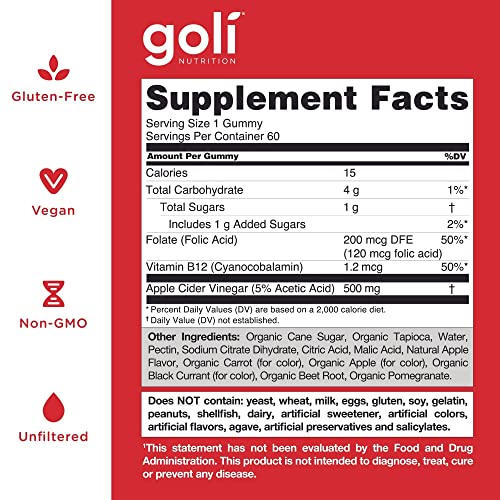 Goli Apple Cider Vinegar Gummy Vitamins - 60 Count - Vitamins B9 & B12, Gelatin-Free, Gluten-Free, Vegan & Non-GMO