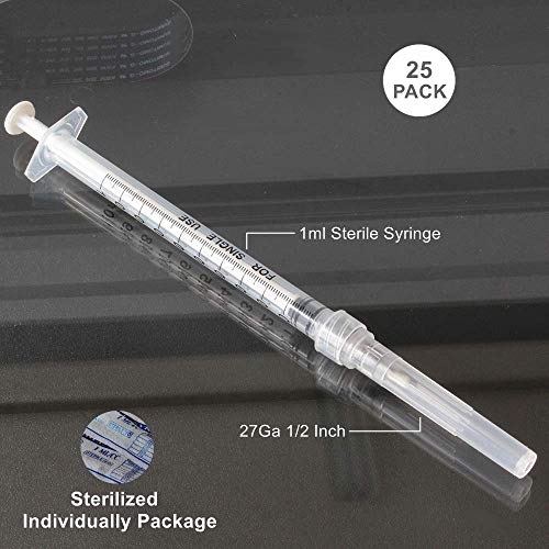 BSTEAN 25 Pack 1ml Disposable Syringe with 27Ga 1/2 Inch Needle, Individual Package