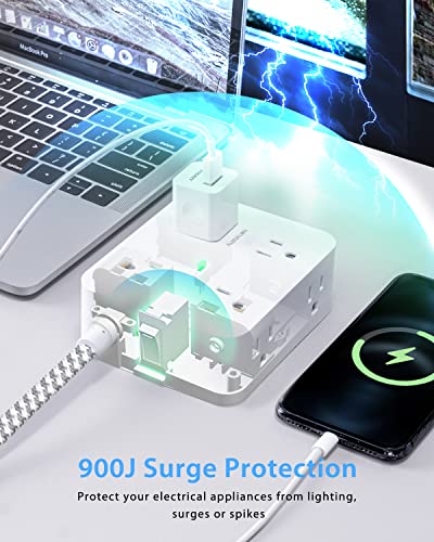 Surge Protector Power Strip, HANYCONY 8 Wide Outlets with 4 USB Charging Ports, 3 Side Outlet Extender with 5Ft Braided Extension Cord, Flat Plug, Wall Mount, Desk Charging Station for Home Office ETL