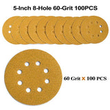 5-Inch 8-Hole Hook and Loop Sanding Discs 60-Grit Random Orbit Sandpaper, 100-Pack