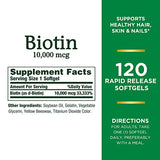 Nature’s Bounty Biotin, Supports Healthy Hair, Skin and Nails, 10000 mcg, Rapid Release Softgels, 120 Ct