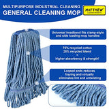 Matthew Cleaning Heavy Duty Mop Head Commercial Replacement for General and Floor Cleaning, Wet Industrial Blue Cotton Looped End String Head Refill (Pack of 3) Blue