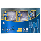 Party Bargains Disposable Cutlery set, SAPPHIRE Design, Clear Color. 360 Pieces: Knives, Spoons, Forks