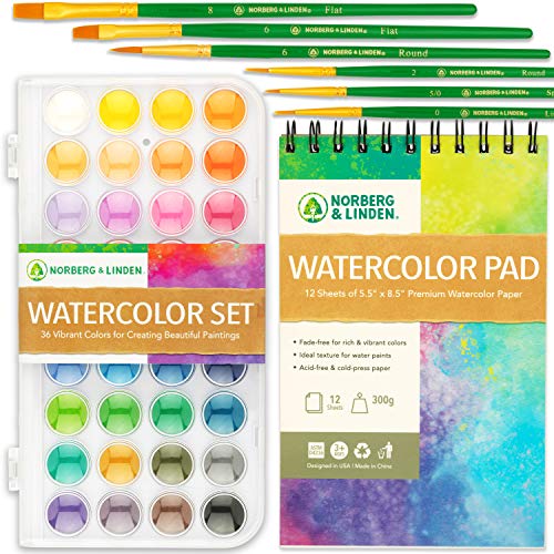 Norberg & Linden Watercolor Paint Set - 36 Premium Paints - 12 Page Pad - 6 Brushes - Painting Supplies with Palette, Watercolors, Art Pad Paper and Artist Brushes for
