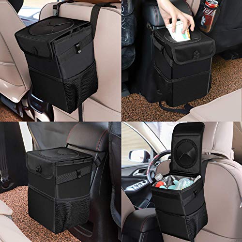 Ryhpez Car Trash Can with Lid - Car Trash Bag Hanging with Storage Pockets Collapsible and Portable Car Garbage Bin