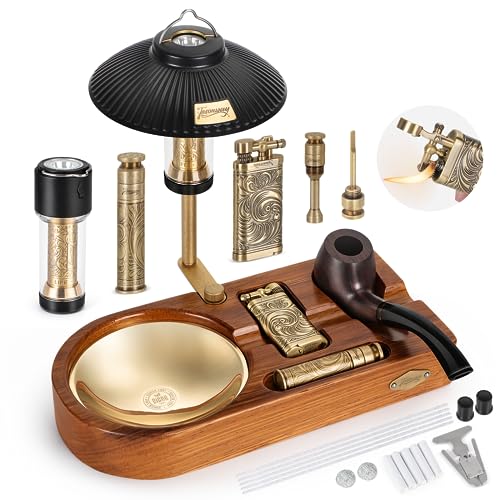 Tesonway Tobacco Pipe with Wood Smoking Pipe Stand Holder, Refillable Butane Pipe Lighter, Pipe Cleaning Tool Tamper Scraper and Tobacco Pipe Accessories, LED Multifunctional Lamp, Smoking Gift Set