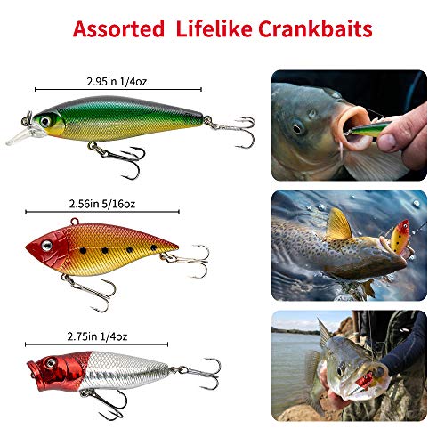 GOANDO Fishing Lures Kit for Freshwater Bait Tackle Kit for Bass Trout Salmon Fishing Accessories Tackle Box Including Spoon Lures Soft Plastic Worms Crankbait Jigs Fishing Hooks