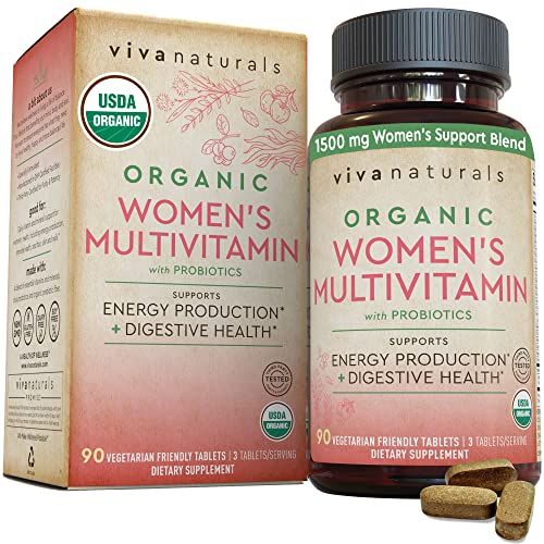 Organic Women Multivitamin with Iron - Daily Energy, Digestive Balance, and Immune Support Supplement, with Vitamin B12, C, D, and E, Iron, Folate and Probiotics, Non-GMO Immunity Vitamins, 90 Tablets