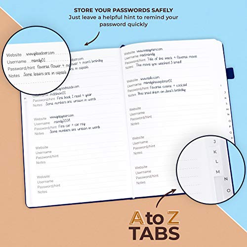 Clever Fox Password Book with tabs. Internet Address and Password Organizer Logbook with Alphabetical tabs. Large Size Password Keeper Journal Notebook for Computer & Website Logins (Dark Blue)
