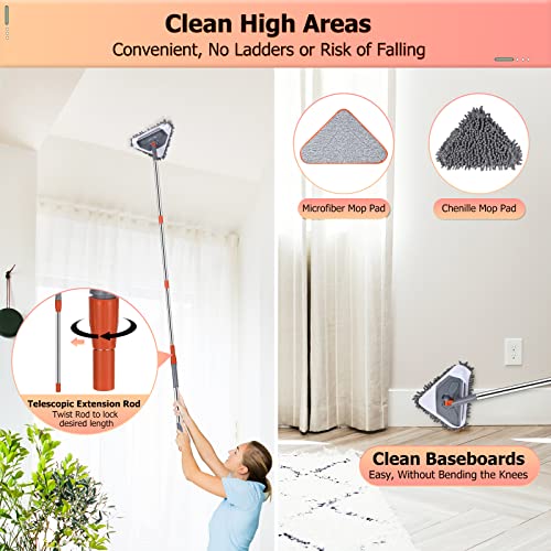 Long Handle Wall Cleaner, Up to 82 Inch Wall Mop 360° Rotatable with Extension Pole, Ceiling Dust Mop Baseboard Wall Window Duster Dry Dust /Wet Wash Cleaning Tool with 6 Replacement Washable Pads
