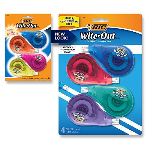 BIC Wite-Out Brand EZ Correct Correction Tape - Applies Dry, White, Clean & Easy To Use, Tear-Resistant Tape, 4-Count, Dispenser colors may vary