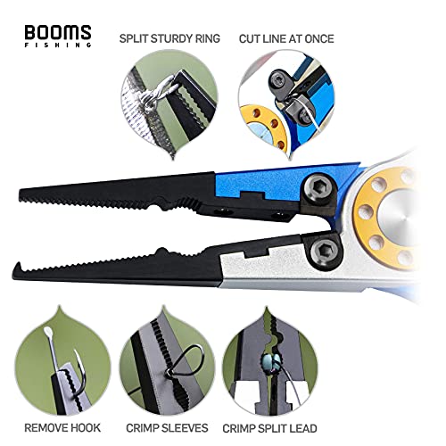 Booms Fishing Aluminum Fishing Pliers Hook Remover Braid Line Cutting and Split Ring with Coiled Lanyard and Sheath